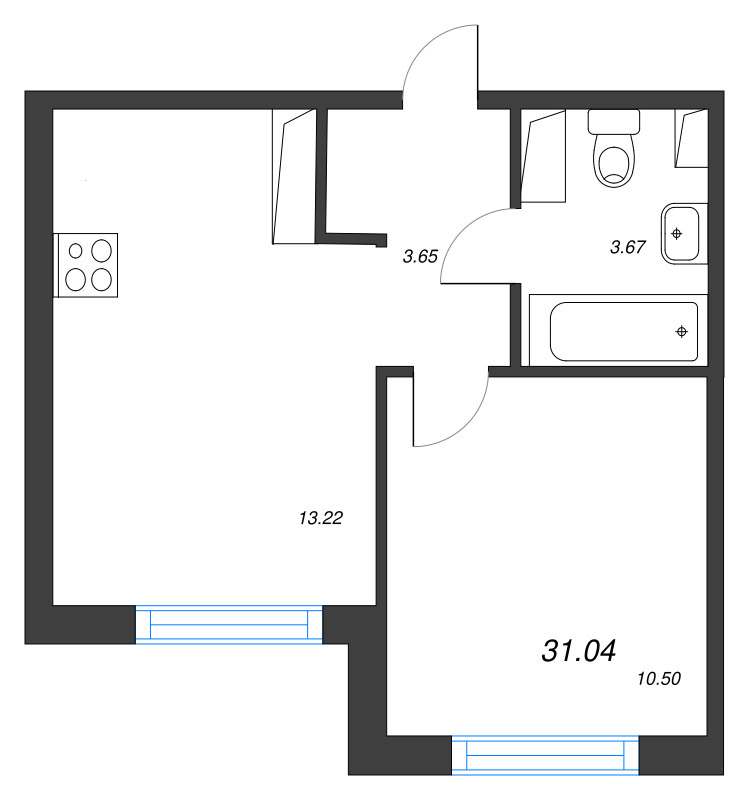 2-комнатная (Евро) квартира, 31.04 м² в ЖК "Кронунг Янино" - планировка, фото №1