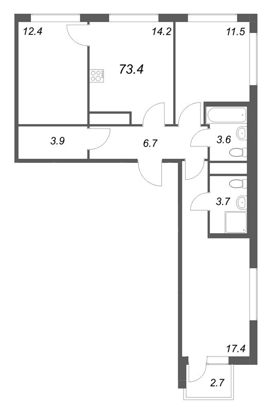 3-комнатная квартира, 73.4 м² в ЖК "Гений" - планировка, фото №1