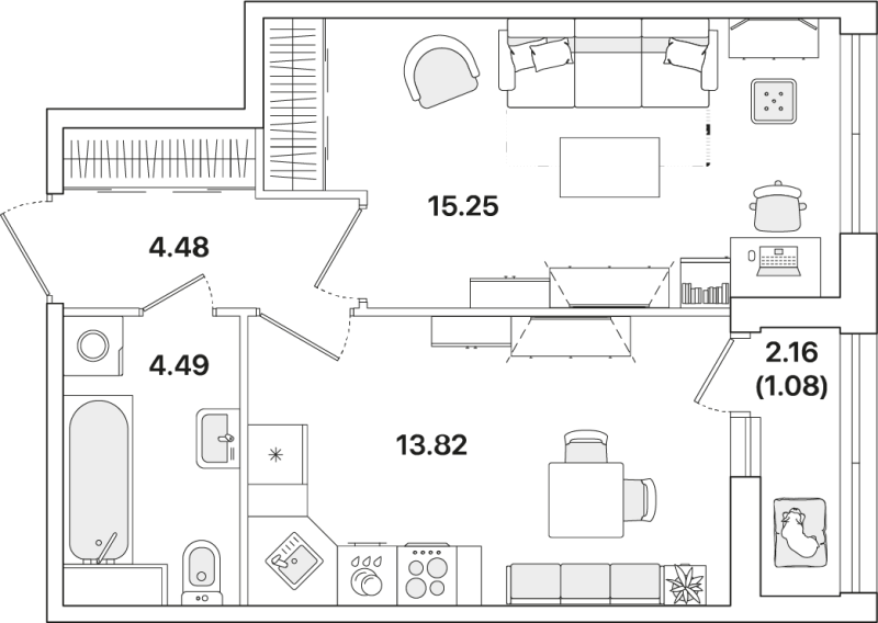 1-комнатная квартира, 39.12 м² - планировка, фото №1