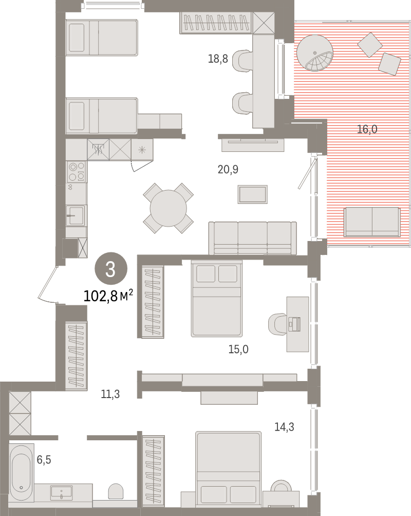 4-комнатная (Евро) квартира, 102.8 м² в ЖК "Брусника в Новоселье" - планировка, фото №1