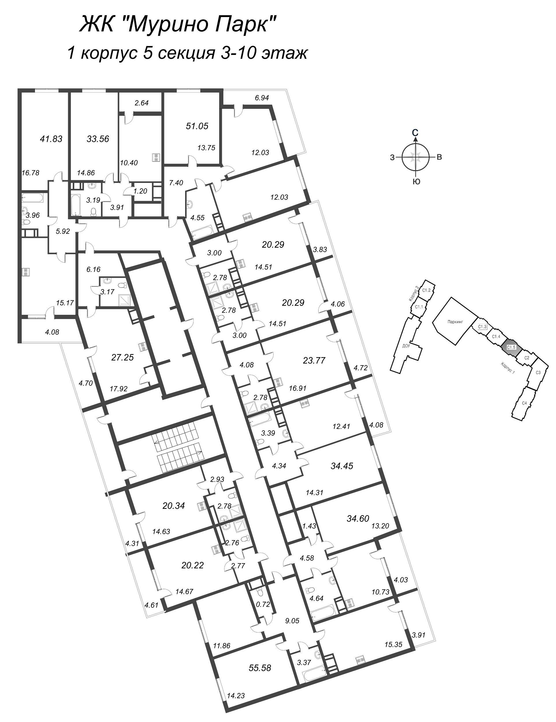 1-комнатная квартира, 34.6 м² в ЖК "Мурино Парк" - планировка этажа