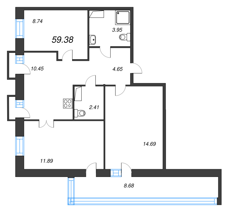 3-комнатная квартира, 59.38 м² - планировка, фото №1