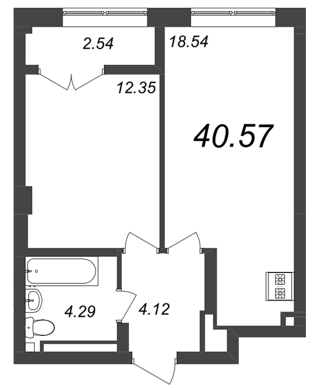 2-комнатная (Евро) квартира, 40.57 м² - планировка, фото №1