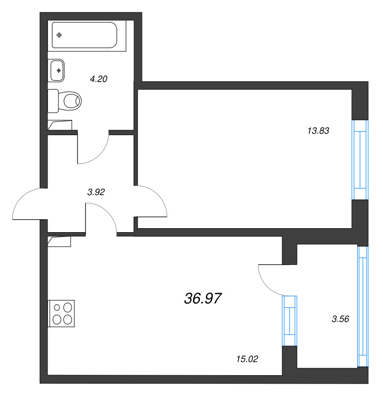 1-комнатная квартира, 36.97 м² в ЖК "Любоград" - планировка, фото №1