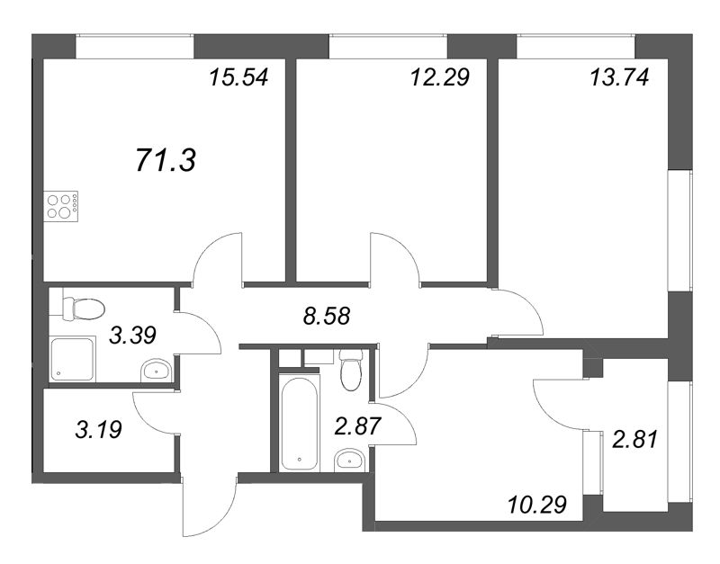 4-комнатная (Евро) квартира, 71.3 м² в ЖК "Аурум" - планировка, фото №1