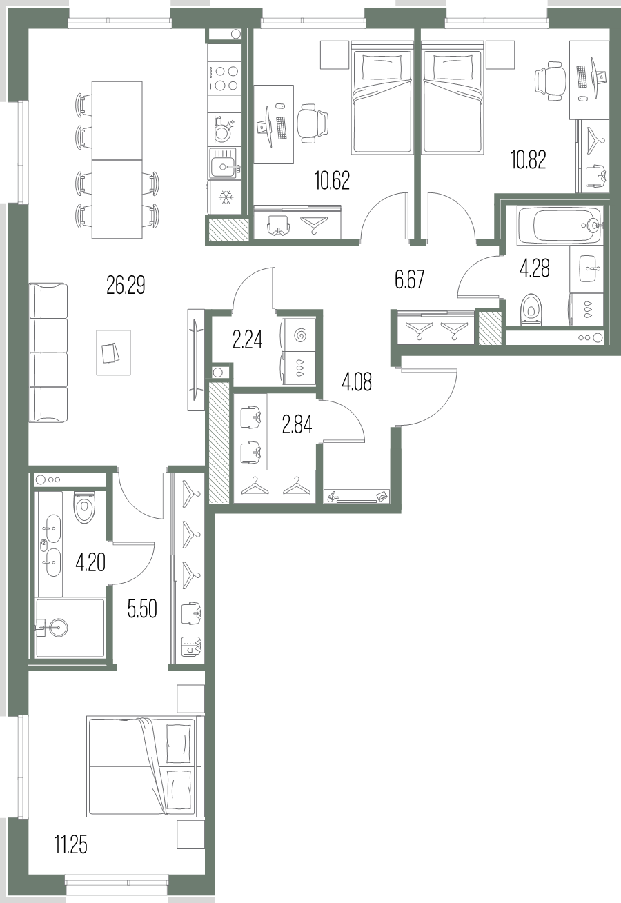 4-комнатная (Евро) квартира, 88.79 м² в ЖК "Legenda Васильевского" - планировка, фото №1