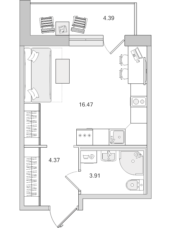 Квартира-студия, 24.75 м² - планировка, фото №1