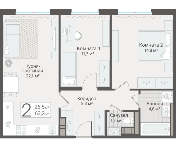 3-комнатная (Евро) квартира, 63.2 м² в ЖК "Руднева 15" - планировка, фото №1