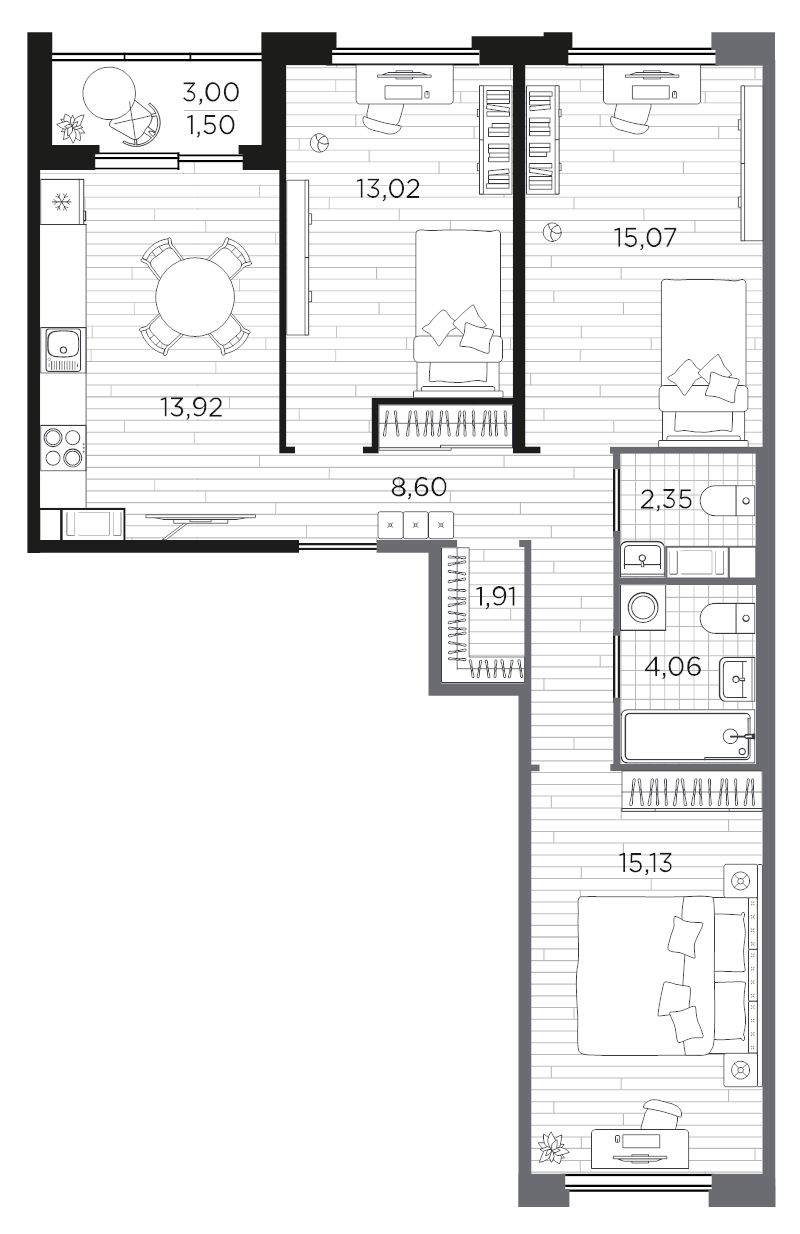 3-комнатная квартира, 75.56 м² в ЖК "PLUS Пулковский" - планировка, фото №1