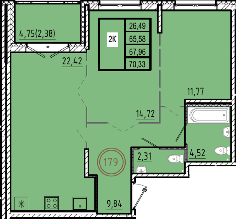 3-комнатная (Евро) квартира, 65.58 м² в ЖК "Образцовый квартал 9.1" - планировка, фото №1
