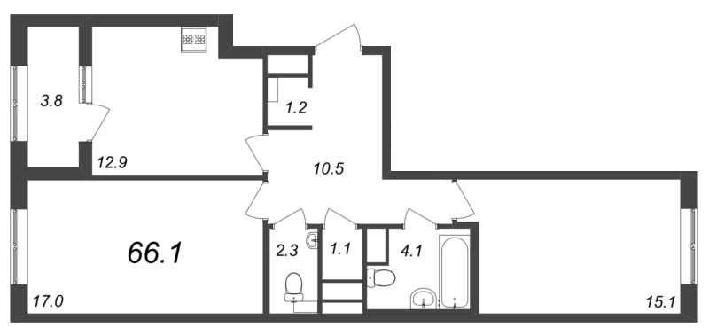 2-комнатная квартира, 66 м² - планировка, фото №1