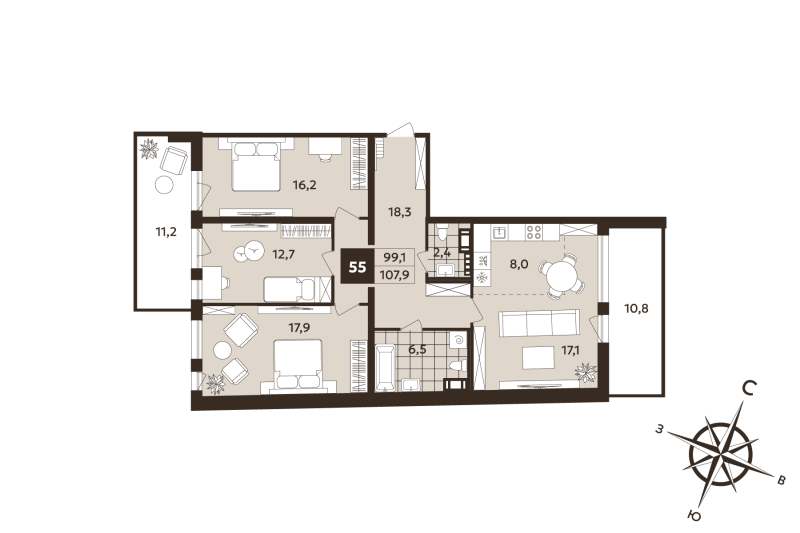 4-комнатная (Евро) квартира, 99.1 м² в ЖК "Дом на Бронницкой" - планировка, фото №1