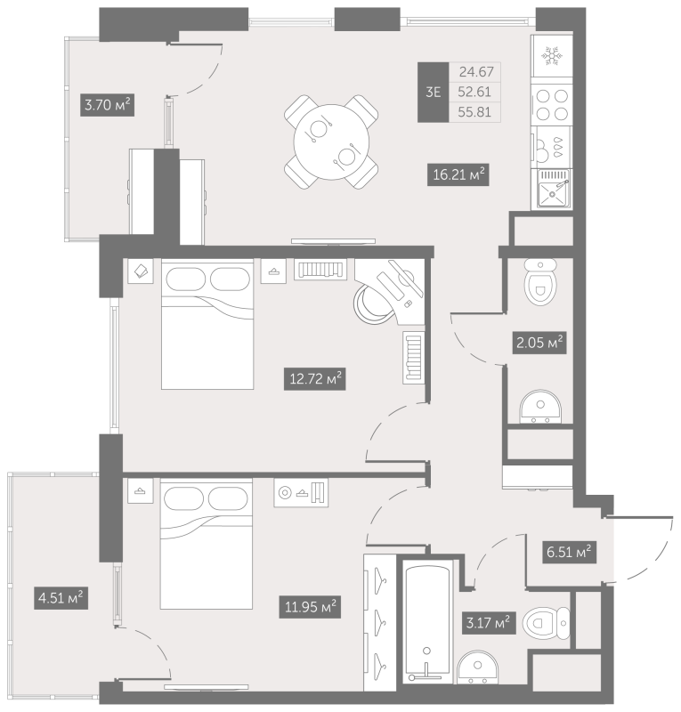 2-комнатная квартира, 55.81 м² - планировка, фото №1