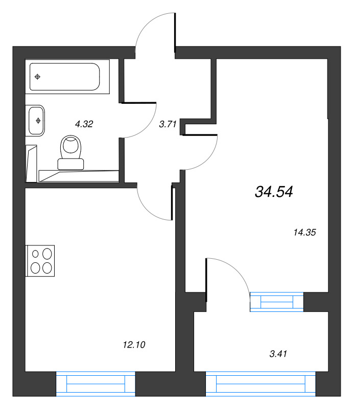 1-комнатная квартира, 36.25 м² в ЖК "Кронфорт. Центральный" - планировка, фото №1