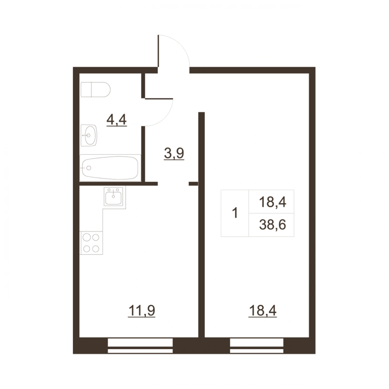 1-комнатная квартира, 38.4 м² в ЖК "Дом на набережной" - планировка, фото №1