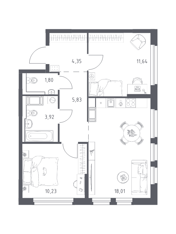 3-комнатная (Евро) квартира, 55.78 м² в ЖК "Новое Колпино" - планировка, фото №1