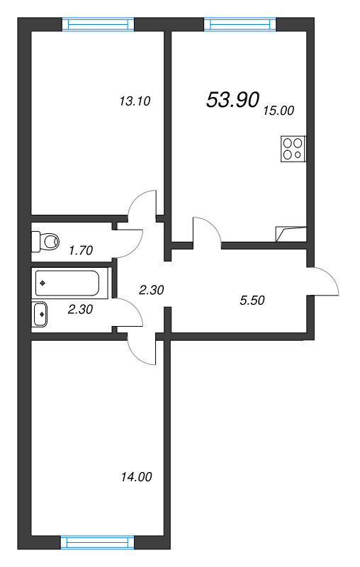 3-комнатная (Евро) квартира, 53.9 м² в ЖК "Цветной город" - планировка, фото №2