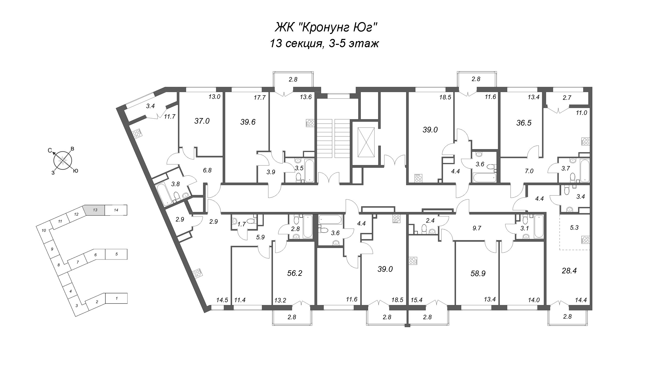 1-комнатная квартира, 37 м² в ЖК "Кронунг ЮГ" - планировка этажа