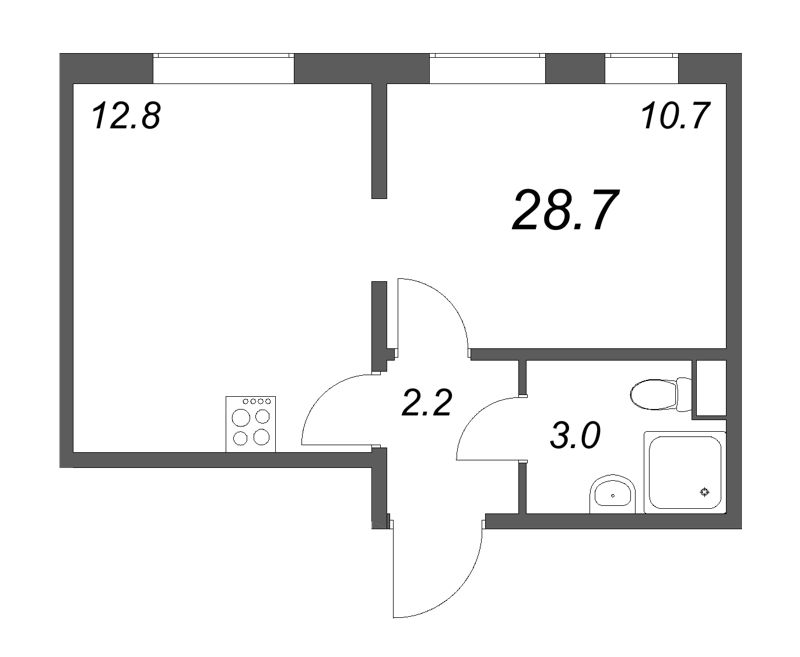 1-комнатная квартира, 28.7 м² - планировка, фото №1