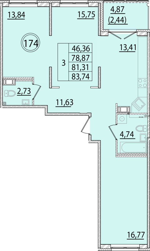 3-комнатная квартира, 78.87 м² в ЖК "Образцовый квартал 15" - планировка, фото №1