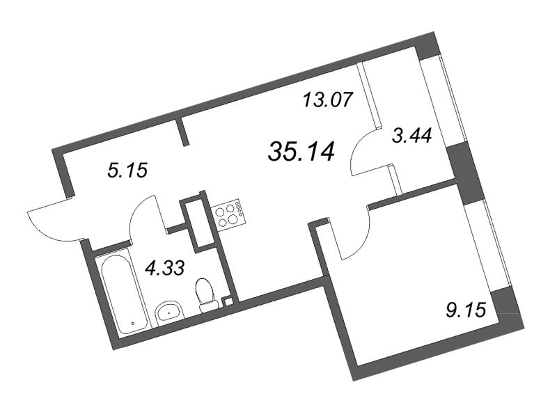 2-комнатная (Евро) квартира, 35.14 м² в ЖК "17/33 Петровский остров" - планировка, фото №1