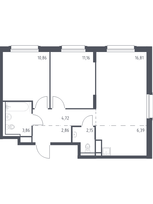 3-комнатная (Евро) квартира, 58.81 м² в ЖК "Новые Лаврики" - планировка, фото №1