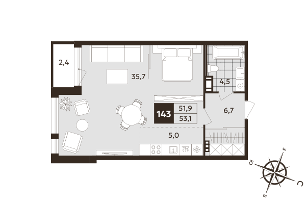 Квартира-студия, 51.9 м² в ЖК "Дом на Бронницкой" - планировка, фото №1