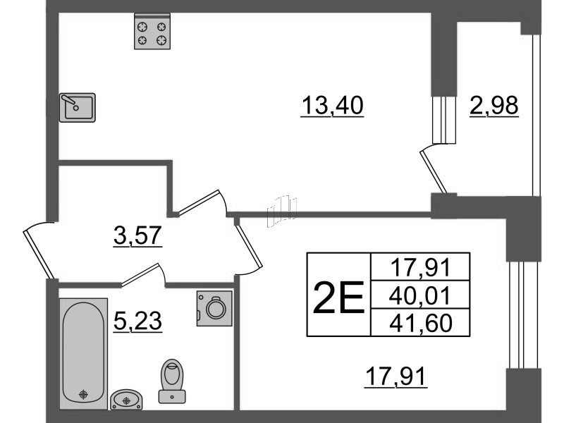 1-комнатная квартира, 41.6 м² - планировка, фото №1