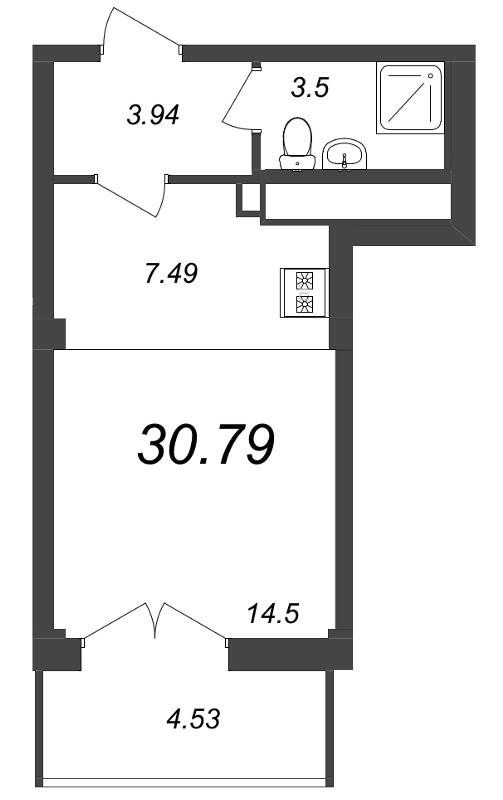 Квартира-студия, 30.79 м² - планировка, фото №1