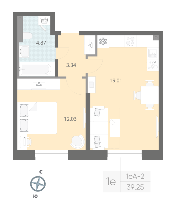 2-комнатная (Евро) квартира, 39.25 м² в ЖК "Цивилизация на неве" - планировка, фото №1