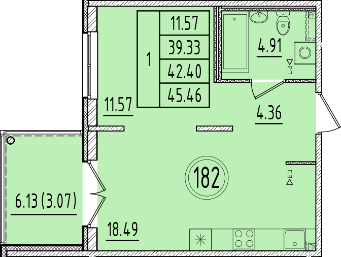 2-комнатная (Евро) квартира, 39.33 м² в ЖК "Образцовый квартал 6.4" - планировка, фото №1