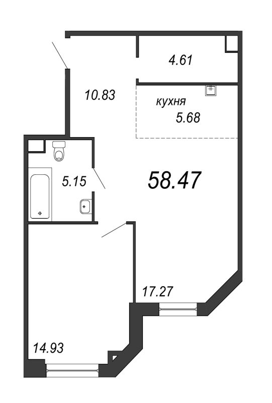 2-комнатная (Евро) квартира, 58.47 м² - планировка, фото №1