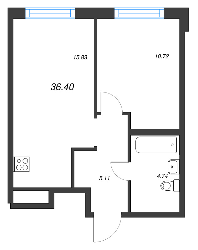 2-комнатная (Евро) квартира, 36.4 м² - планировка, фото №1