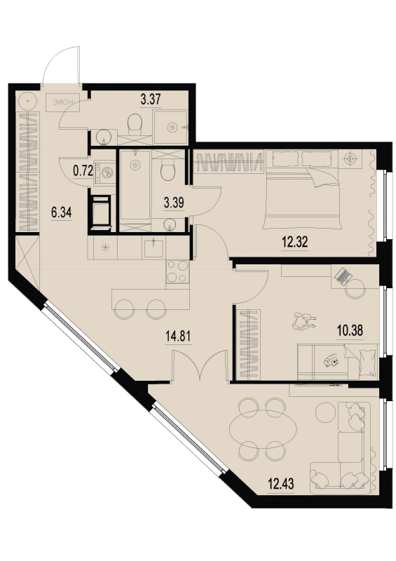 3-комнатная квартира, 63.76 м² - планировка, фото №1