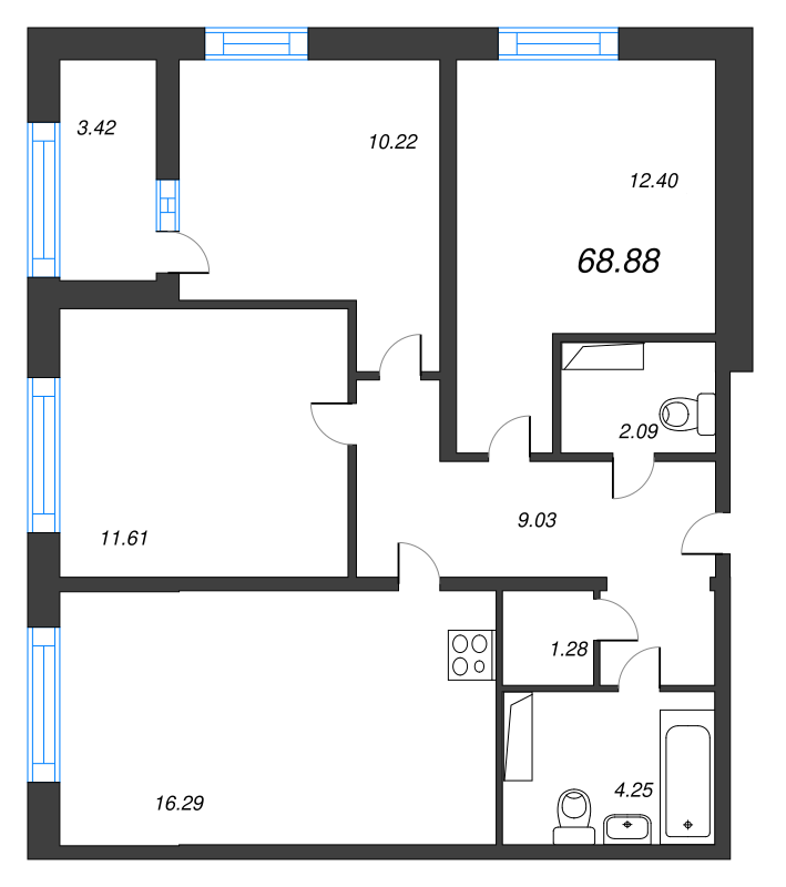 3-комнатная квартира, 68.88 м² в ЖК "БелАрт" - планировка, фото №1