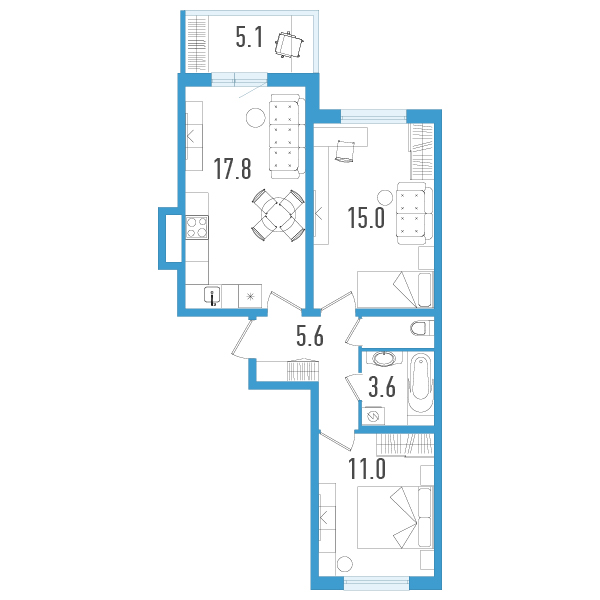 3-комнатная (Евро) квартира, 55.8 м² в ЖК "Аэросити" - планировка, фото №1