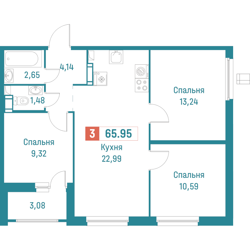 4-комнатная (Евро) квартира, 65.95 м² - планировка, фото №1