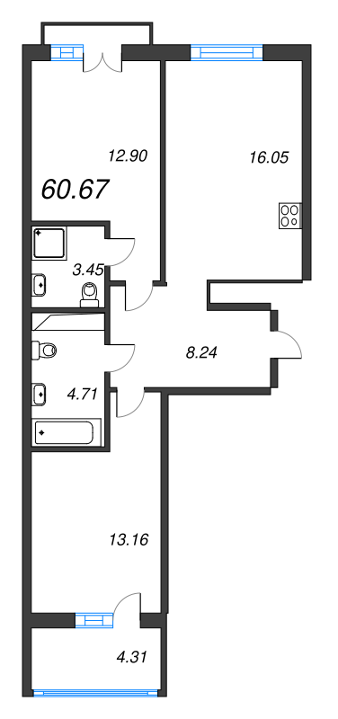 3-комнатная (Евро) квартира, 62.82 м² - планировка, фото №1
