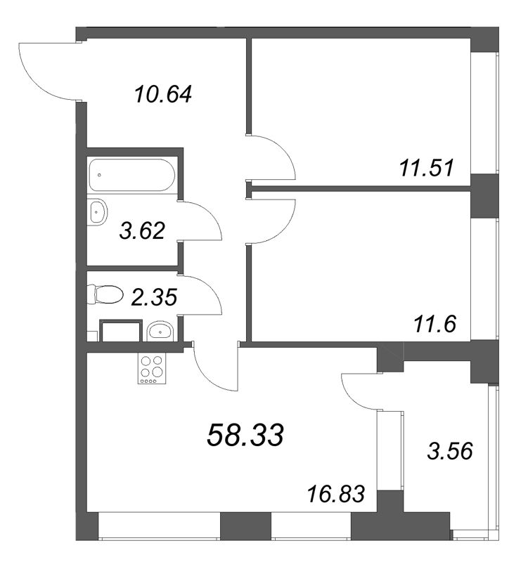 3-комнатная (Евро) квартира, 58.33 м² в ЖК "Аквилон Солар Парк" - планировка, фото №1