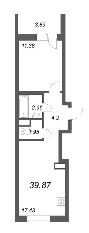 2-комнатная (Евро) квартира, 39.87 м² - планировка, фото №1