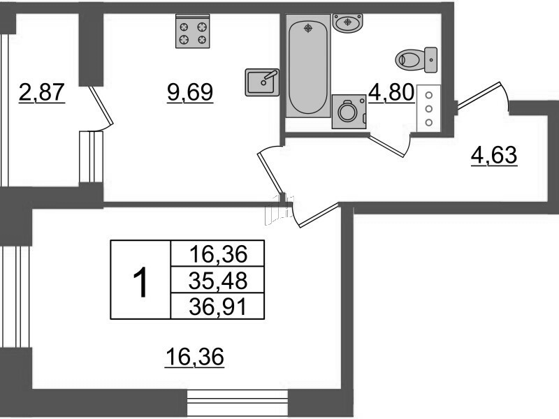 1-комнатная квартира, 36.91 м² - планировка, фото №1