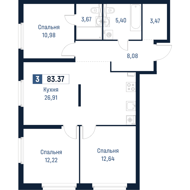 4-комнатная (Евро) квартира, 83.37 м² в ЖК "Максималист" - планировка, фото №1