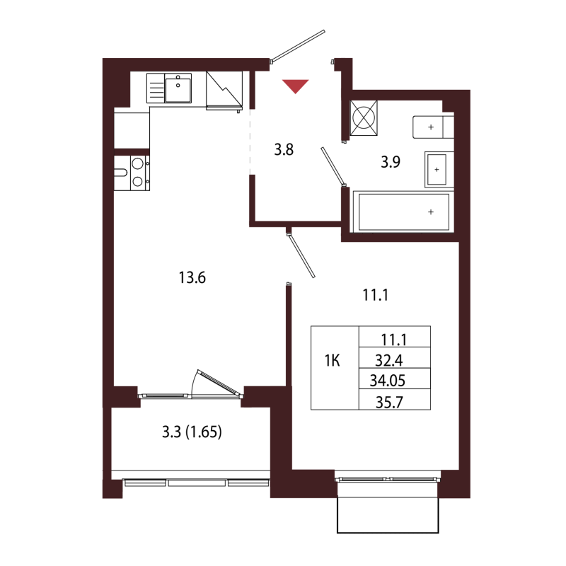 1-комнатная квартира, 34.05 м² в ЖК "Лисино" - планировка, фото №1