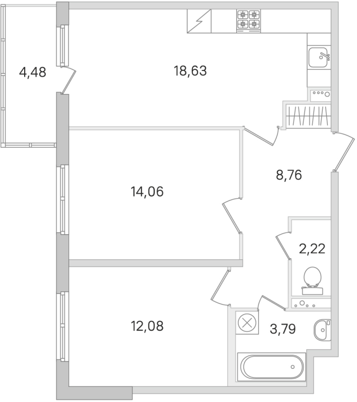 3-комнатная (Евро) квартира, 59.54 м² в ЖК "Ясно.Янино" - планировка, фото №1