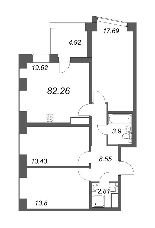 4-комнатная (Евро) квартира, 82.26 м² в ЖК "Морская набережная. SeaView" - планировка, фото №1
