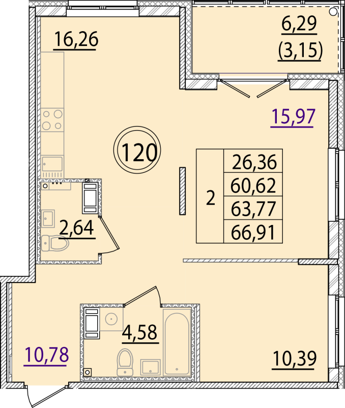 3-комнатная (Евро) квартира, 60.62 м² - планировка, фото №1
