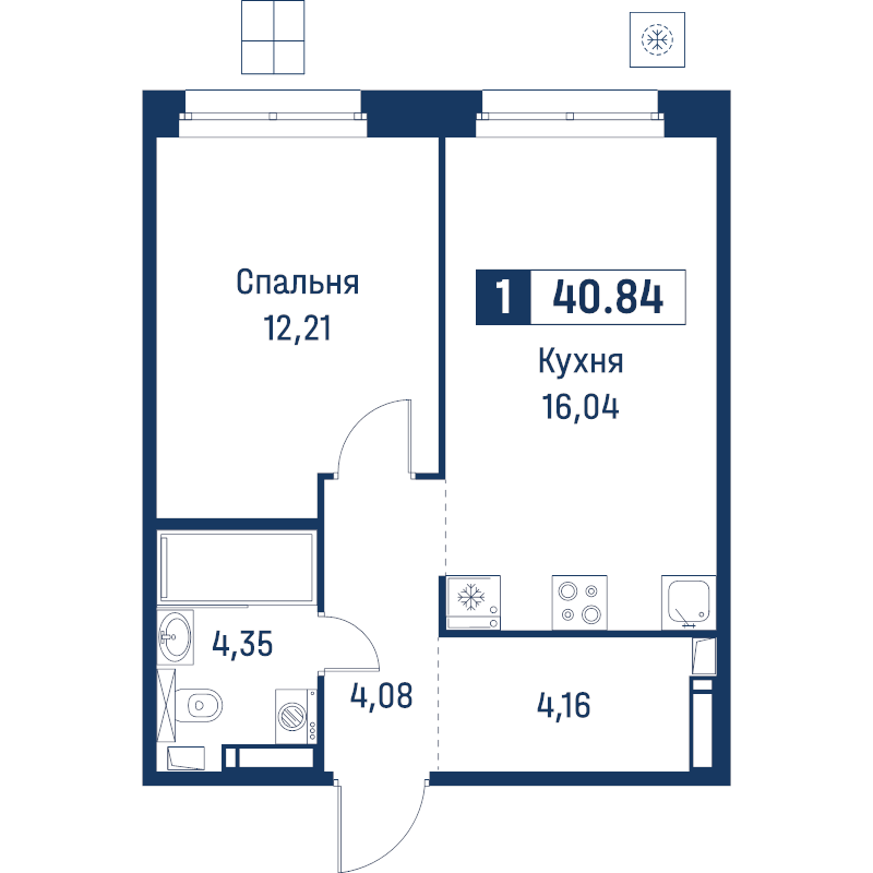 2-комнатная (Евро) квартира, 40.84 м² в ЖК "Символист" - планировка, фото №1