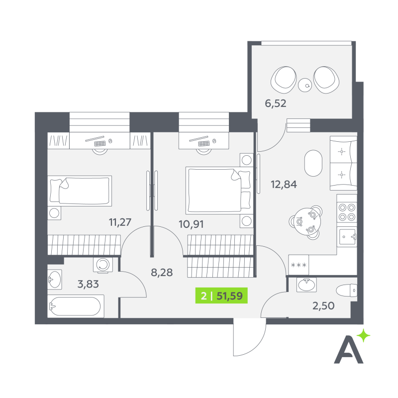 2-комнатная квартира, 51.59 м² в ЖК "Аквилон РекаПарк" - планировка, фото №1