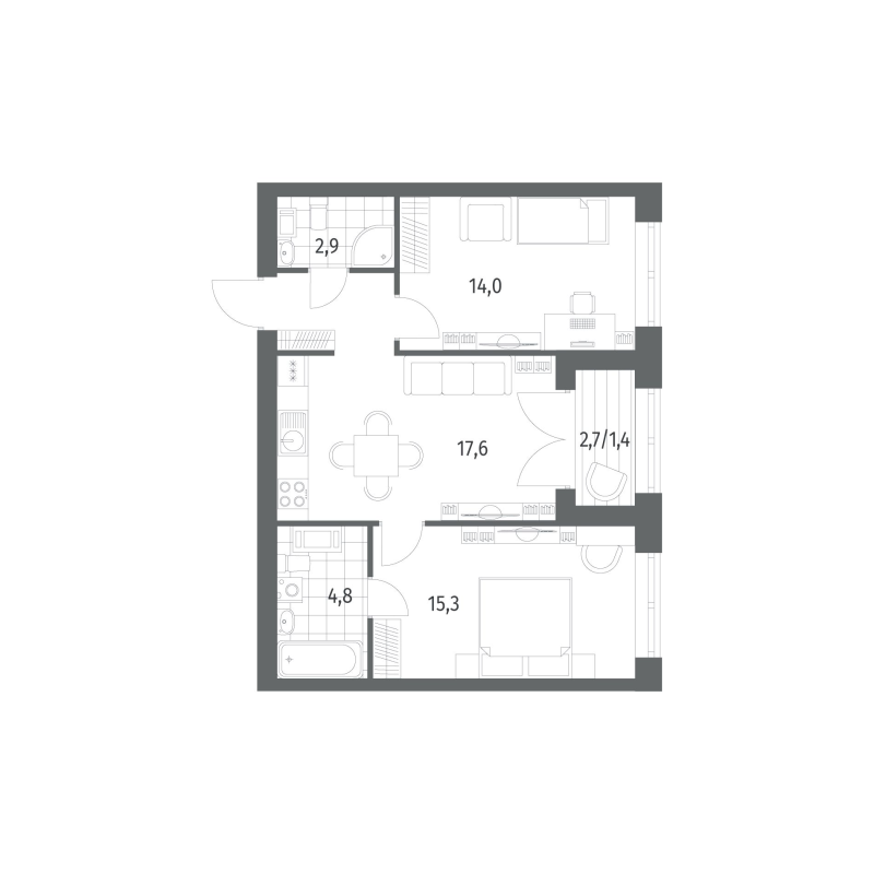 2-комнатная квартира, 59.65 м² - планировка, фото №1