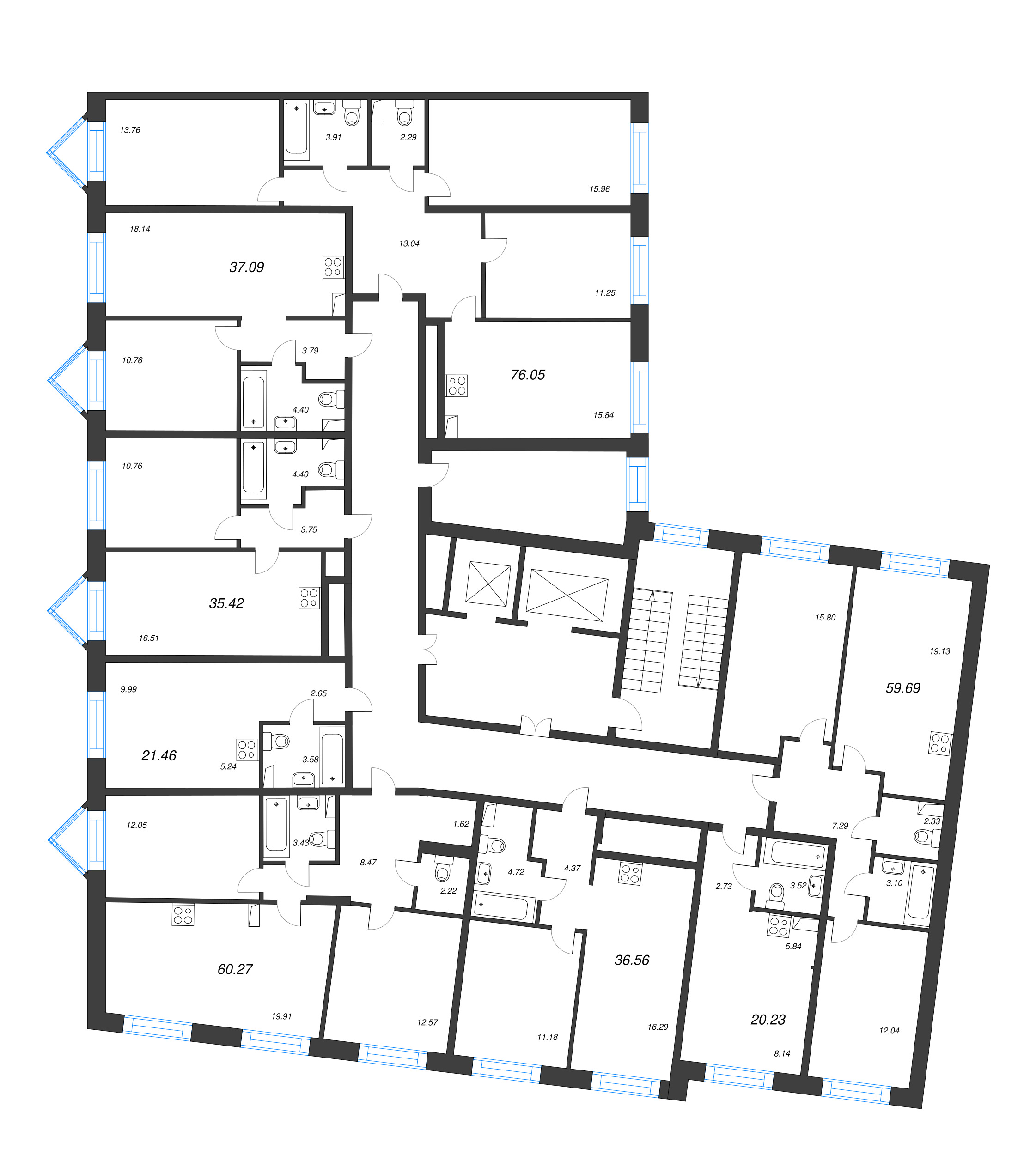 4-комнатная (Евро) квартира, 76.05 м² в ЖК "Остров Первых" - планировка этажа